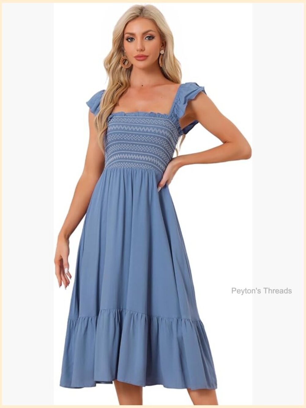 Boho Midi Dress Square Neck Ruffle Tiered Flowy Smocked Sundress